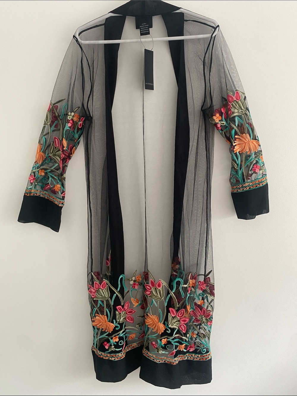 NWT Liv Los Angeles Sheer Black Floral Mesh Sheer Kimono Longline Duster LARGE - Picture 7 of 7